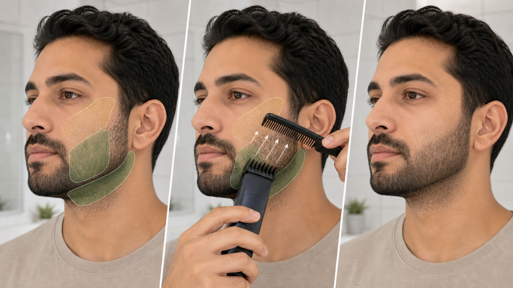 Three-stage patchy short-beard trimming guide showing natural density zones, conservative trimming of denser areas, and a balanced outline that keeps sparse coverage visible