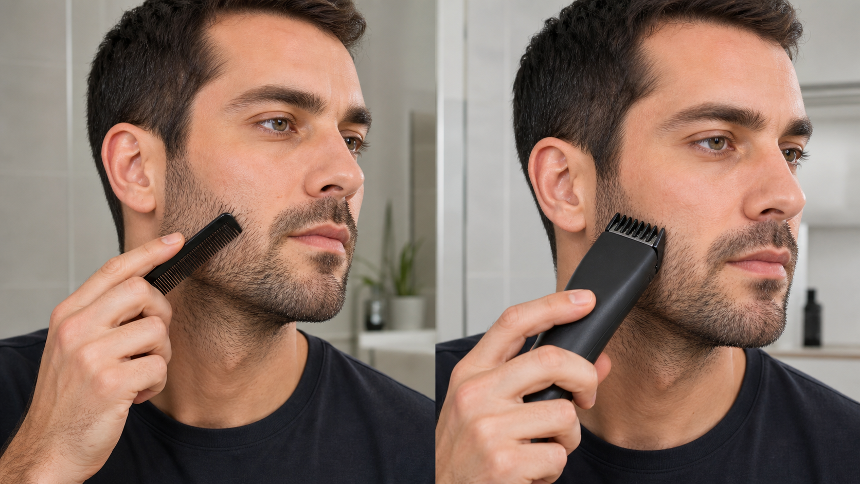 Man mapping downward stubble growth with a comb before positioning an unbranded guarded trimmer for an upward finishing pass